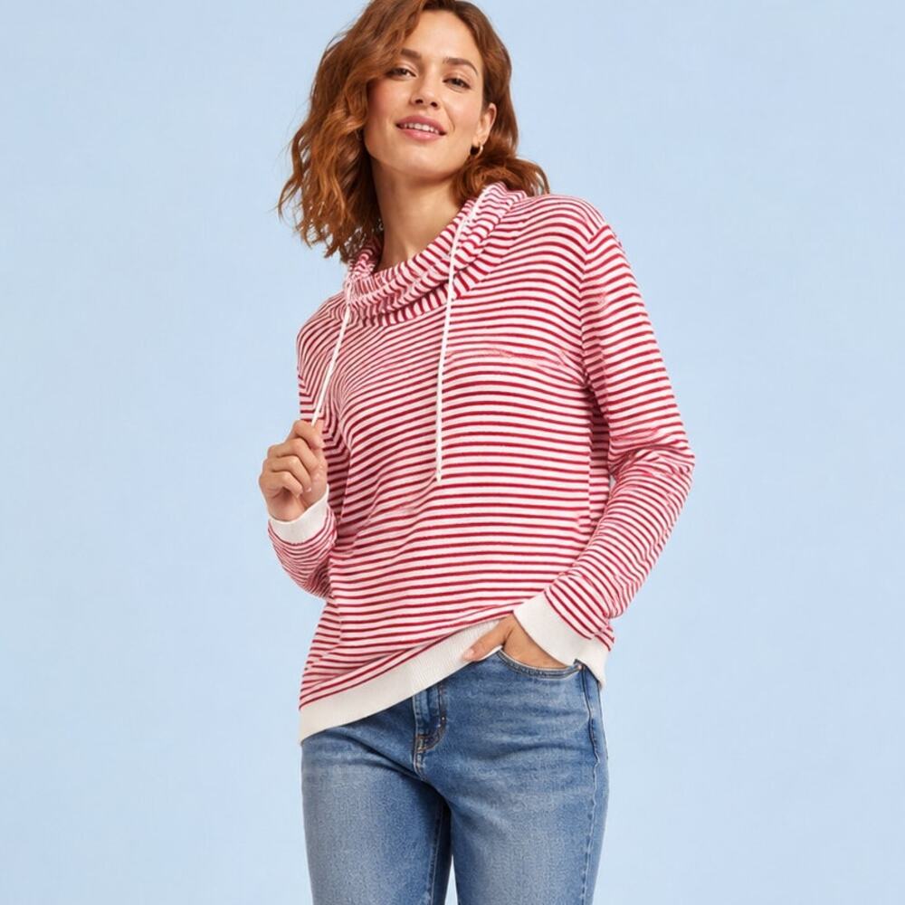 Cabi Red Ivory Striped Cowl Neck Drawstring Sweater Size L Style 4447
